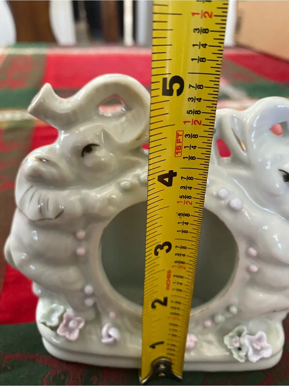 Vintage Loving Elephants White Ceramic Photo Frame with Pink Accent Flowers 5”